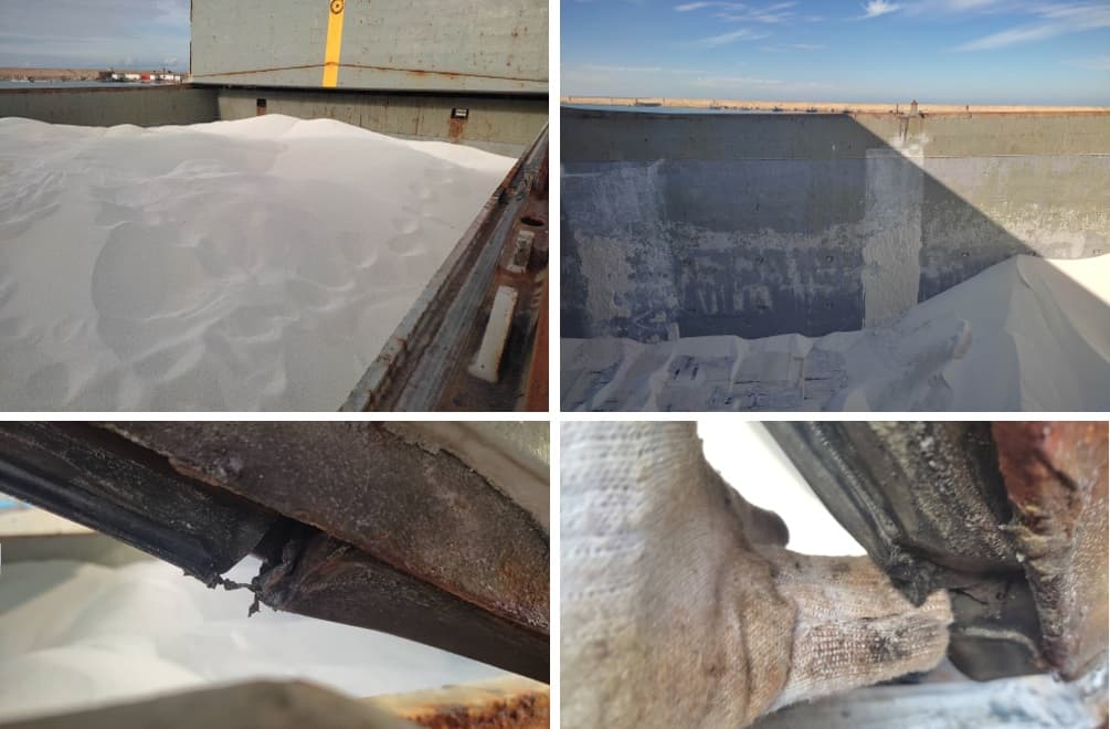 Cargo hold with monoammonium phosphate showing signs of moisture damage