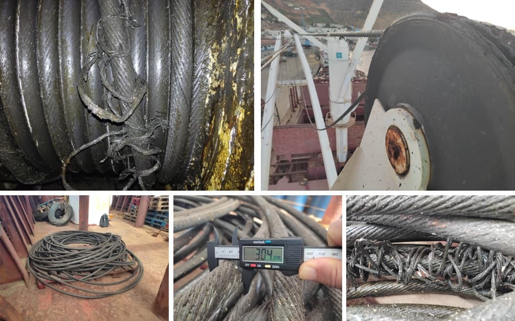 Damaged hoisting wire rope showing unravelled strands and crushing