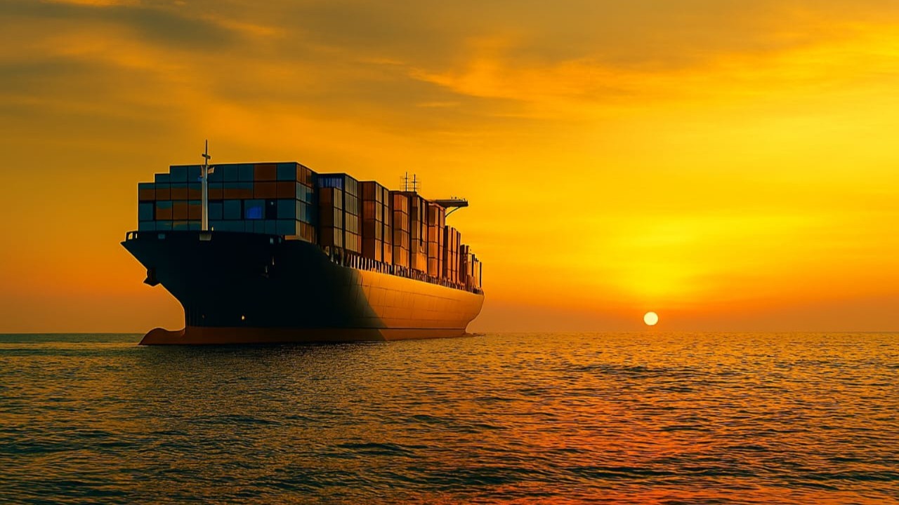 Container ship at sunset with Bill of Lading document overlay