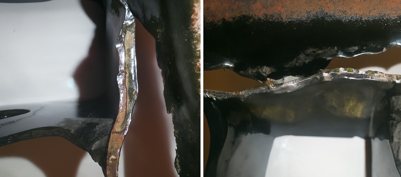 Cracked subframe bracket showing fibrous and shiny fracture zones